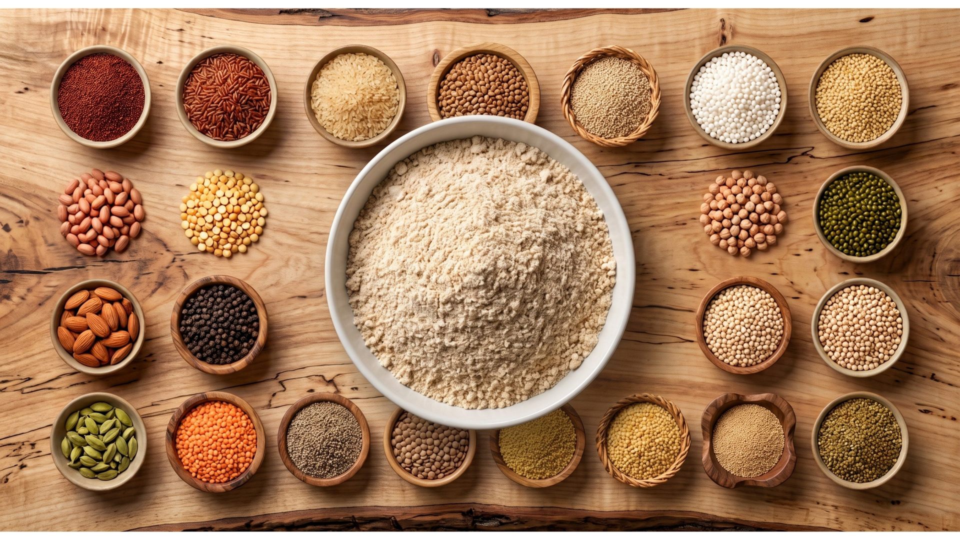 Top view of rich grains in wooden spoons.