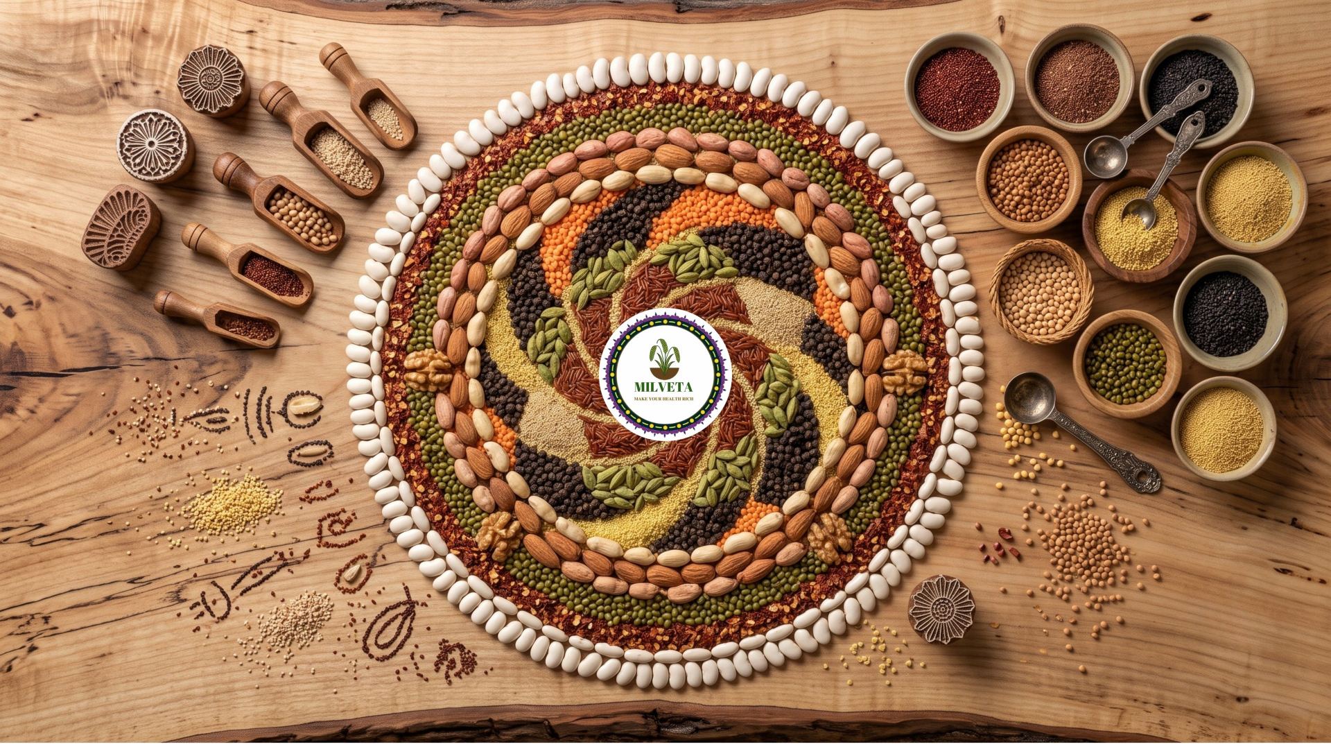 Millets and pulses arranged in a colorful flat-lay collage