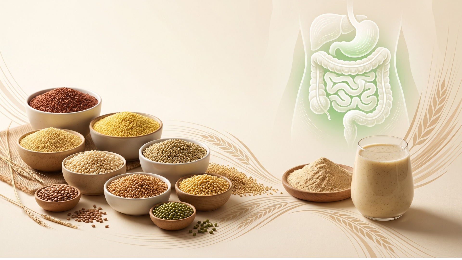Millets and pulses arranged in a colorful flat-lay collage