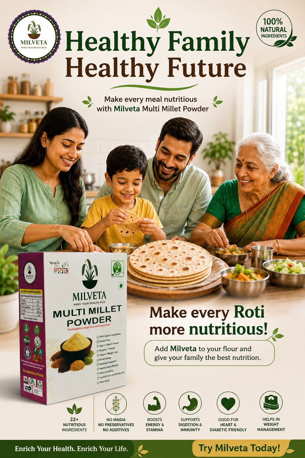 MILVETA Multi Millet Powder with millet ingredients and a woman enjoying a drink