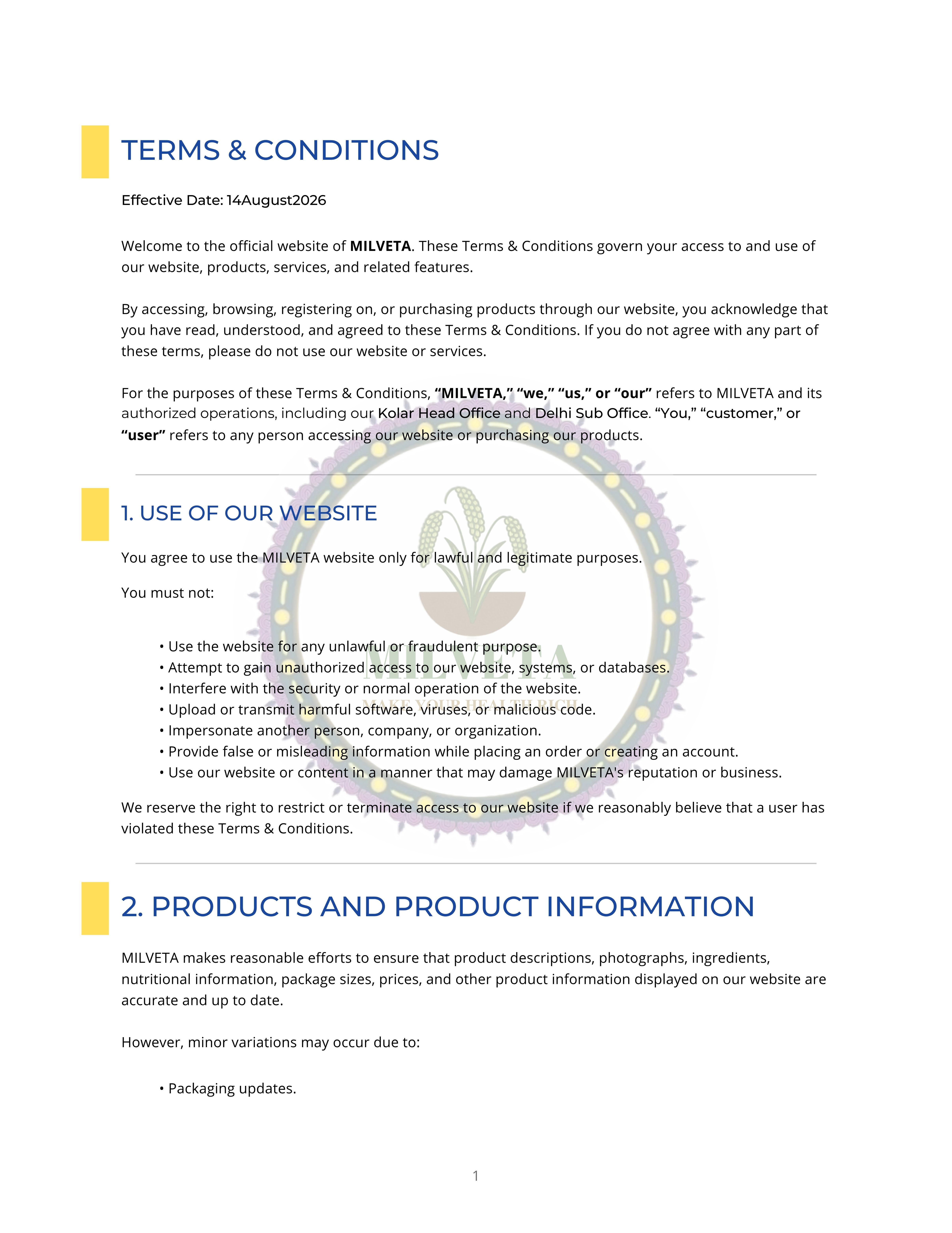 Milveta Terms and Conditions Page 1