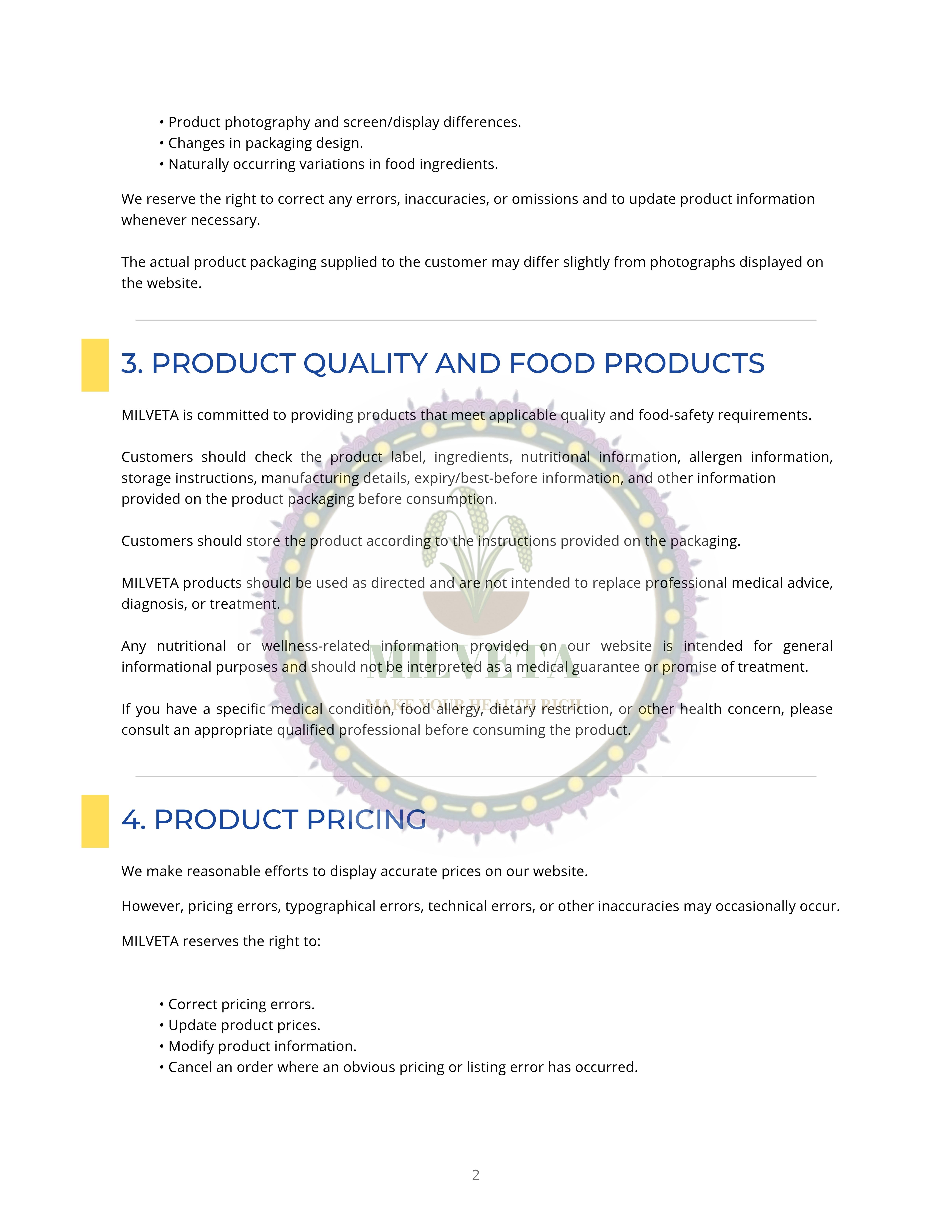 Milveta Terms and Conditions Page 2