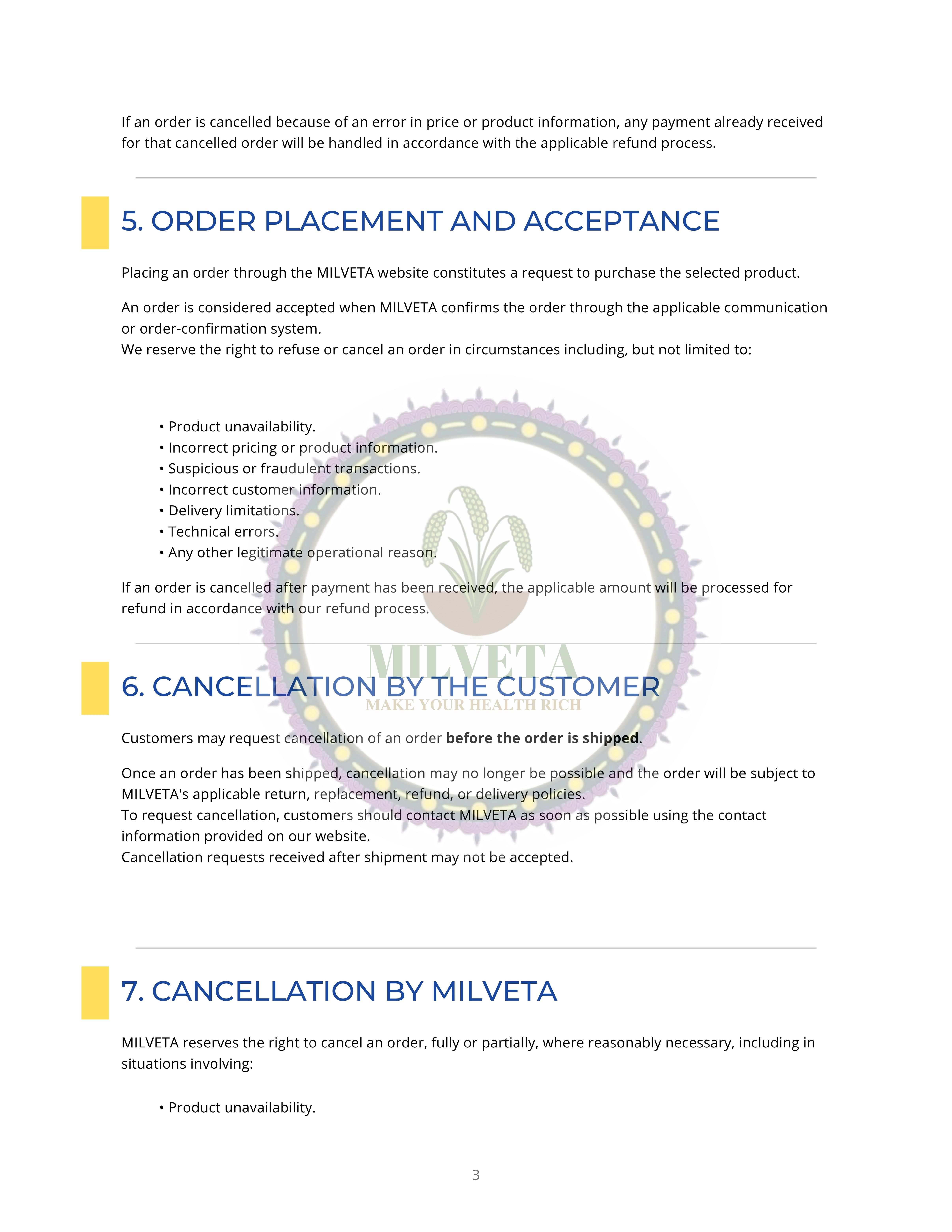 Milveta Terms and Conditions Page 3