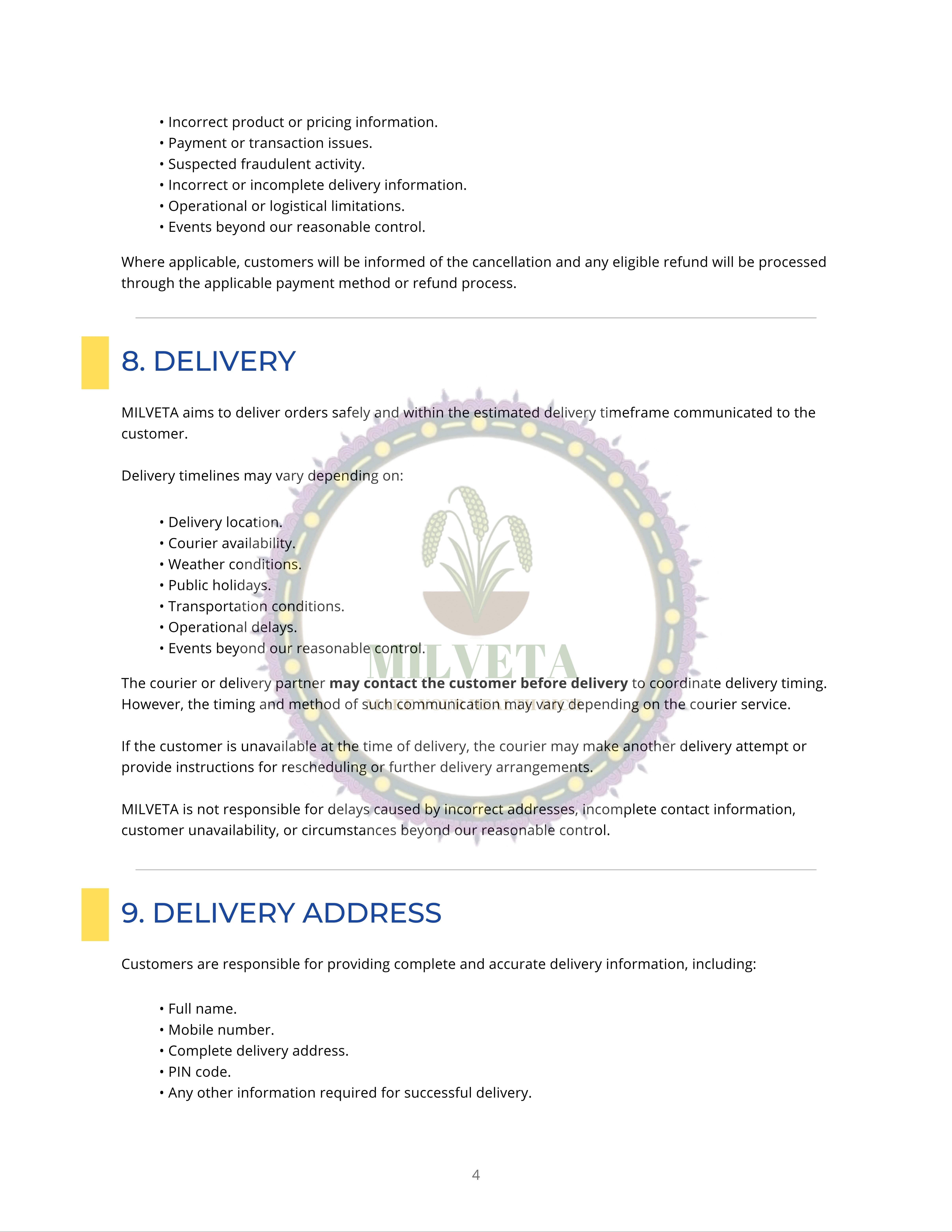 Milveta Terms and Conditions Page 4