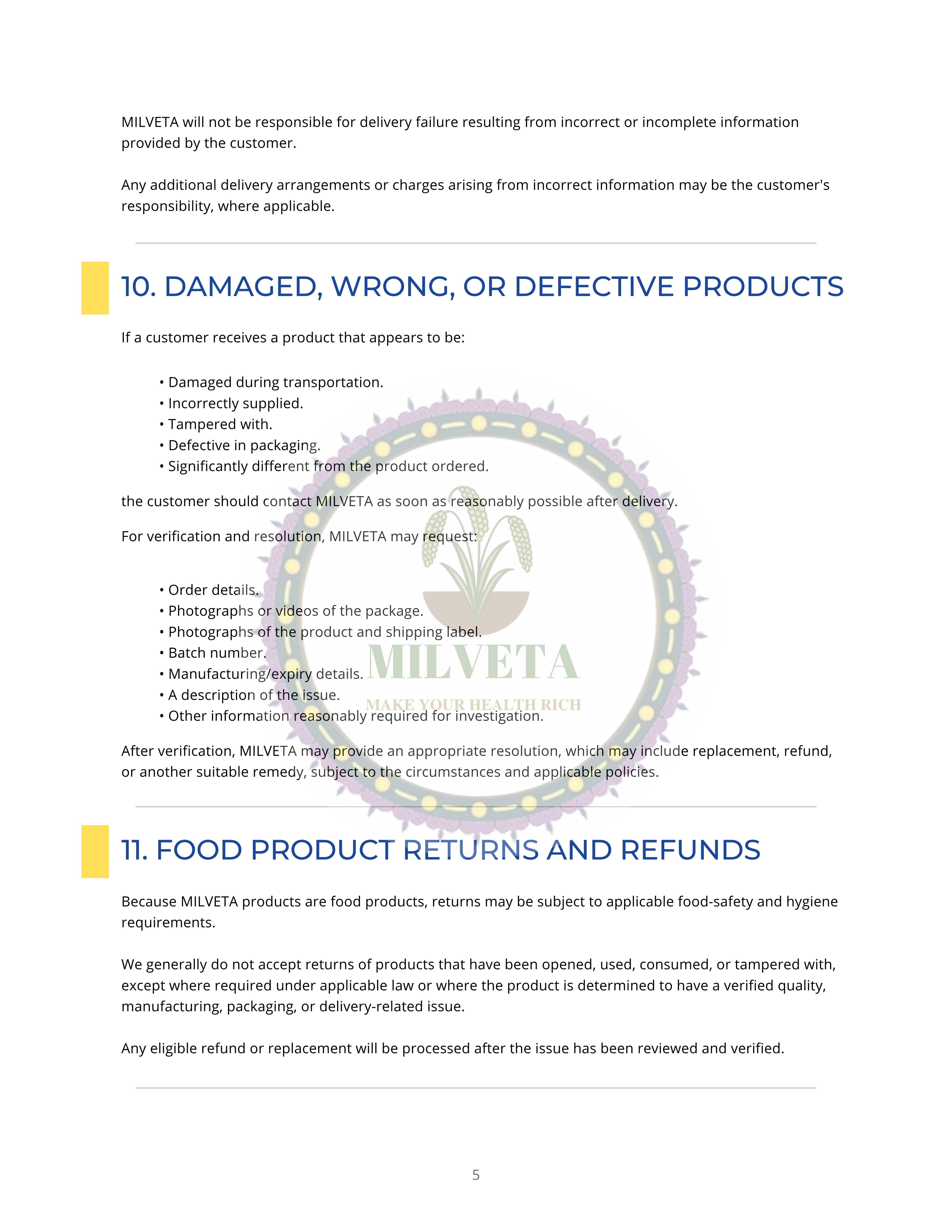 Milveta Terms and Conditions Page 5