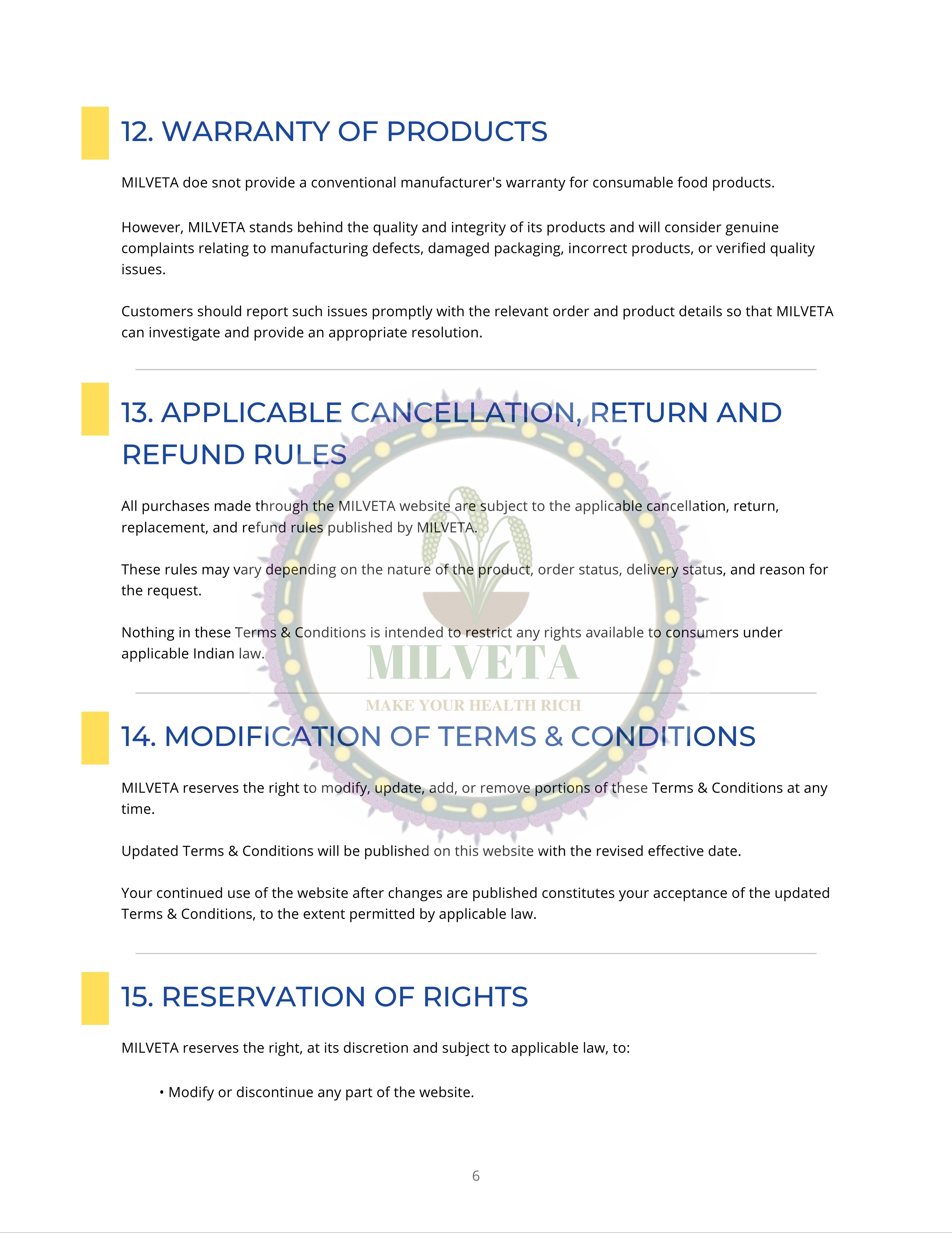 Milveta Terms and Conditions Page 6