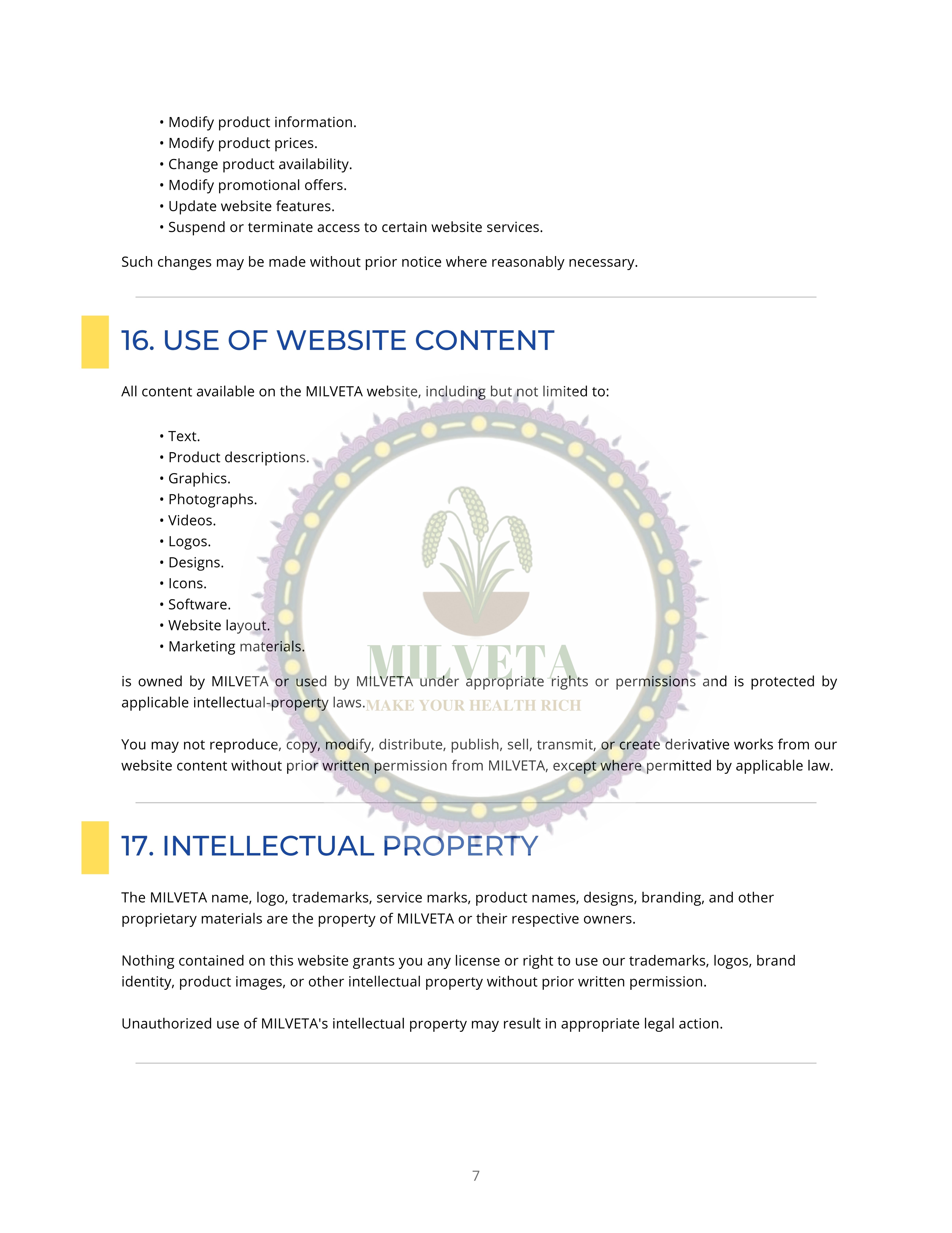 Milveta Terms and Conditions Page 7