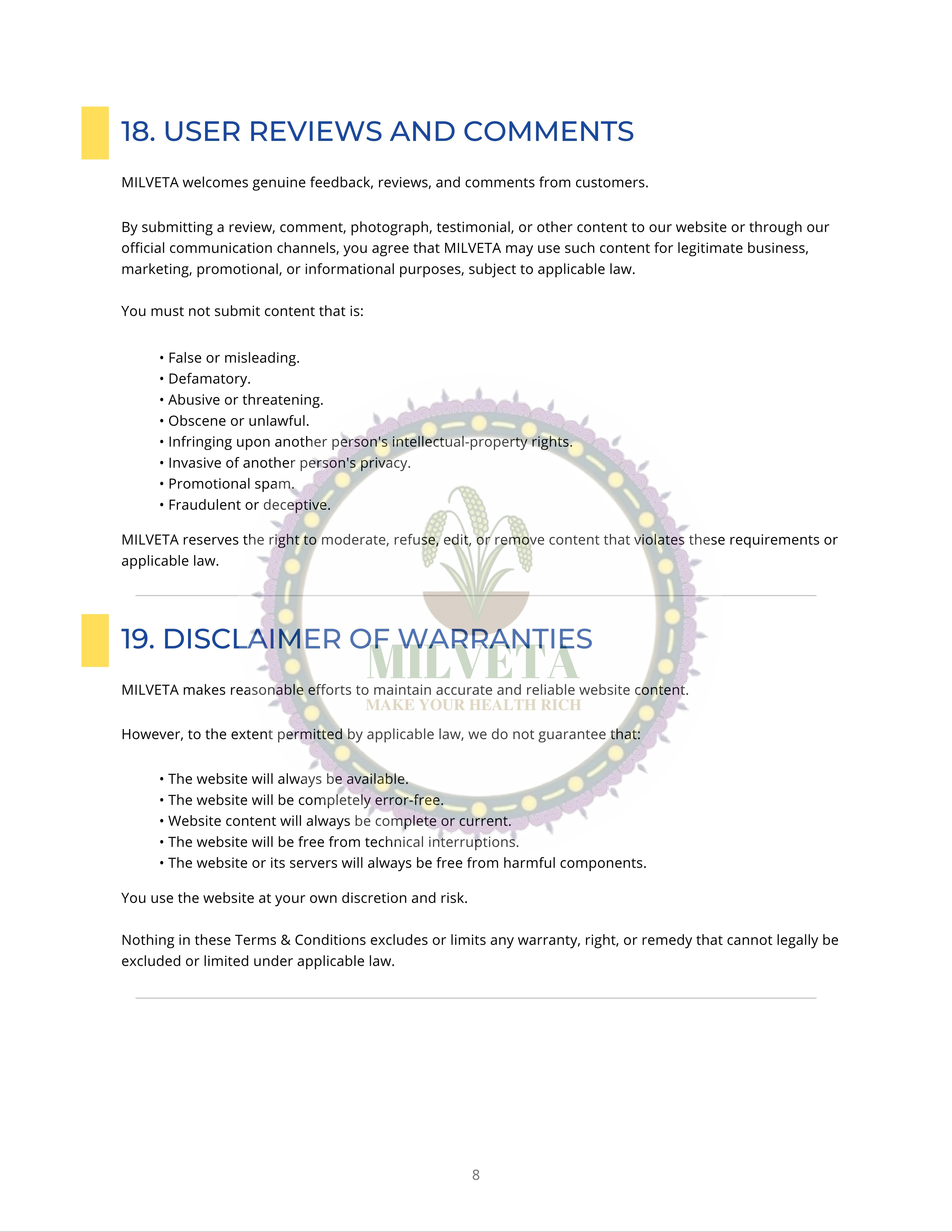 Milveta Terms and Conditions Page 8