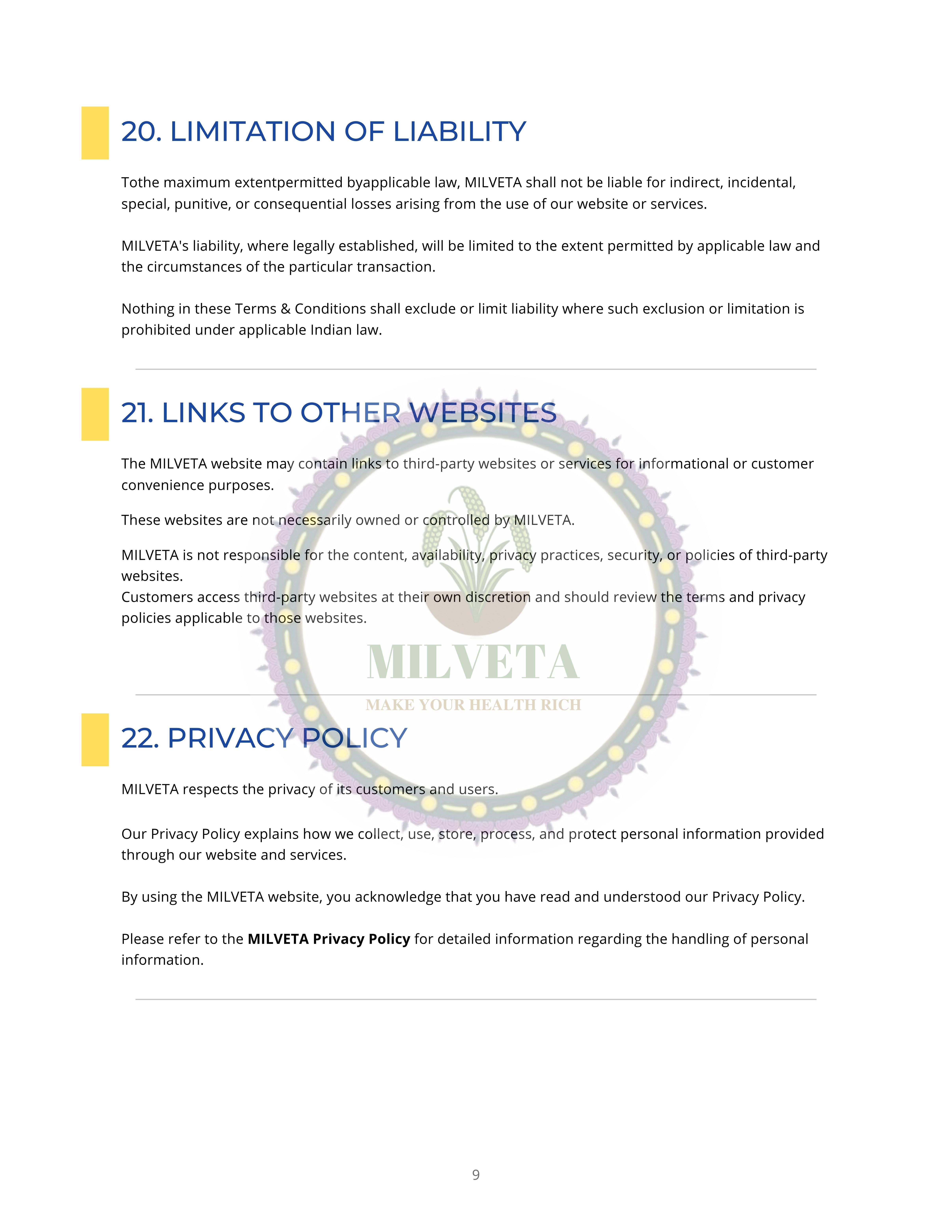 Milveta Terms and Conditions Page 9
