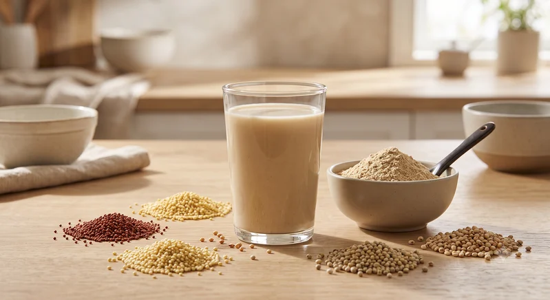 Top view of a foamy drink in a rustic setting surrounded by grain on a white sheet.